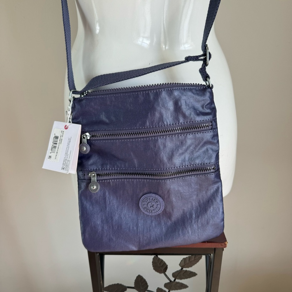 Kipling Metallic Blue Nylon Lightweight Crossbody Bag Monkey Charm  NWT